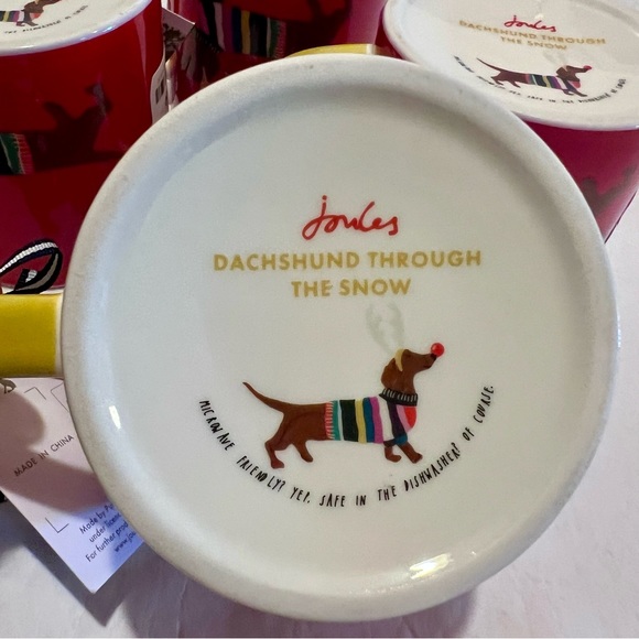 Four (4) JOULES Daschund Through The Snow Ceramic Mugs Red/White/Multi 12oz - Picture 10 of 13